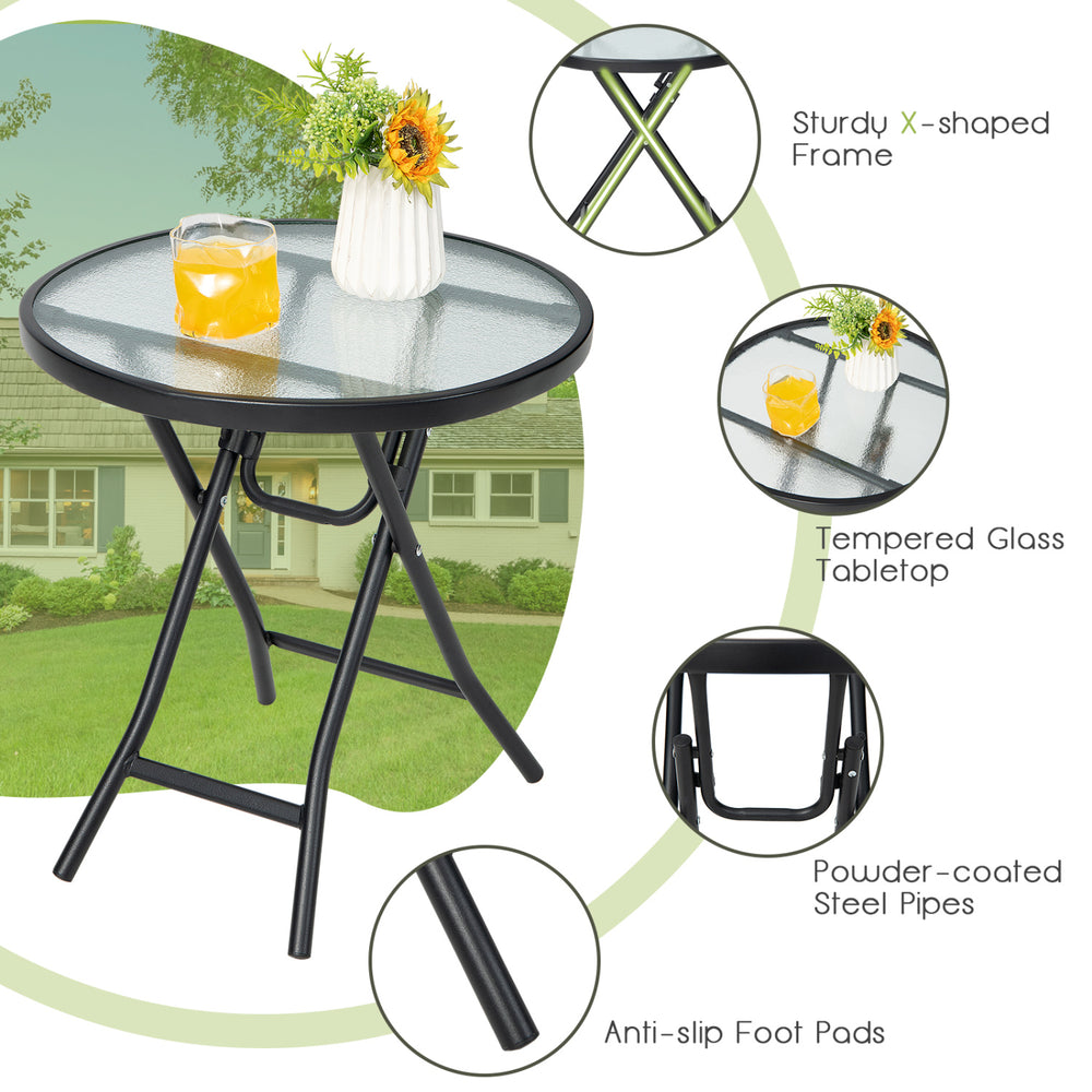 Round patio side table with tempered glass top, sturdy X-shaped frame, and non-slip foot pads for indoor or outdoor use.