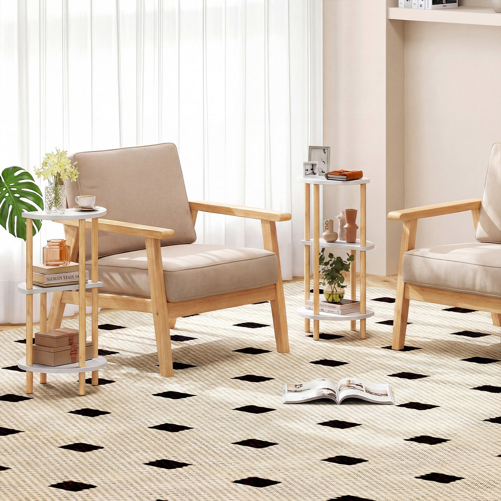 Compact round side table in white with 3-tier bamboo shelves, perfect for living room storage and decor.