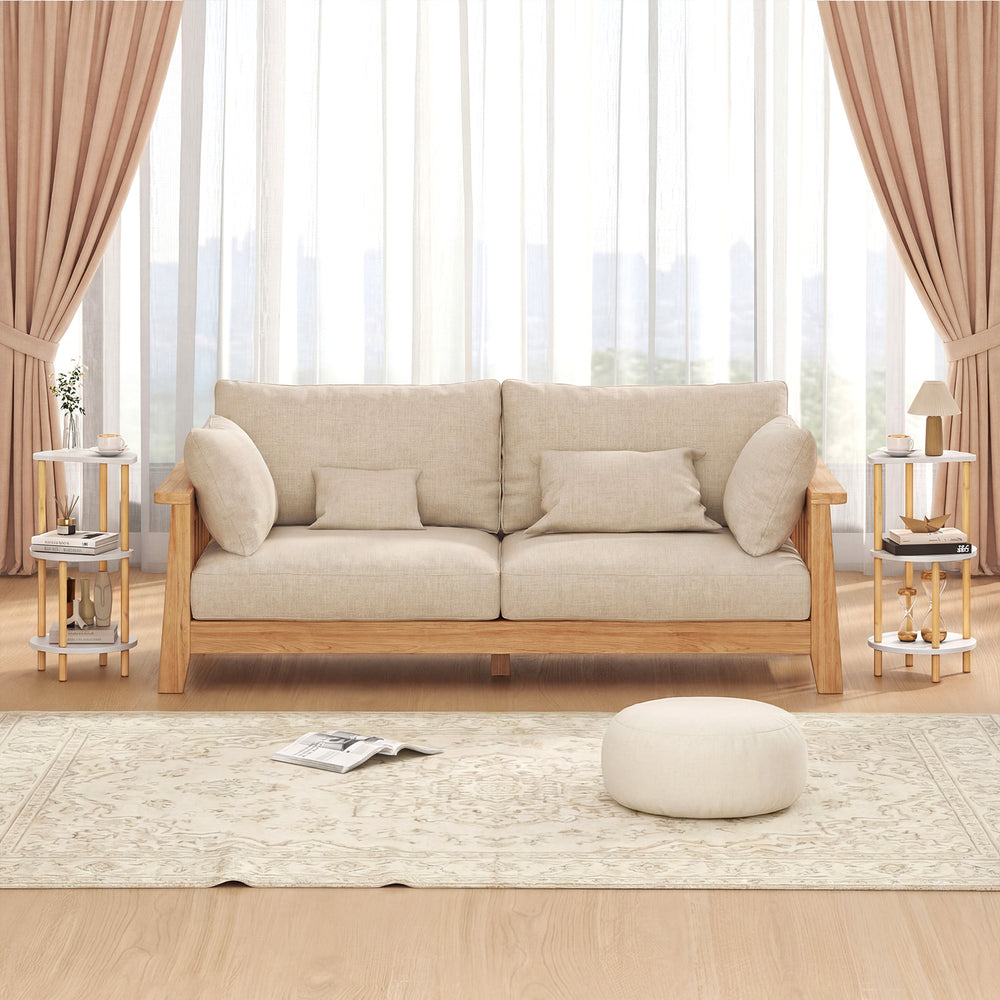 Compact round side table in white with 3-tier bamboo shelves, ideal for living room or bedroom storage.