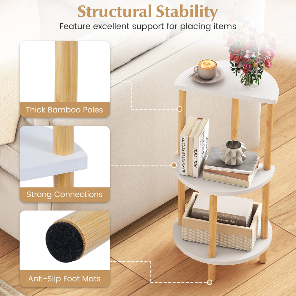 Compact round side table with 3-tier bamboo shelves, anti-slip foot mats, perfect for living room or bedroom storage.