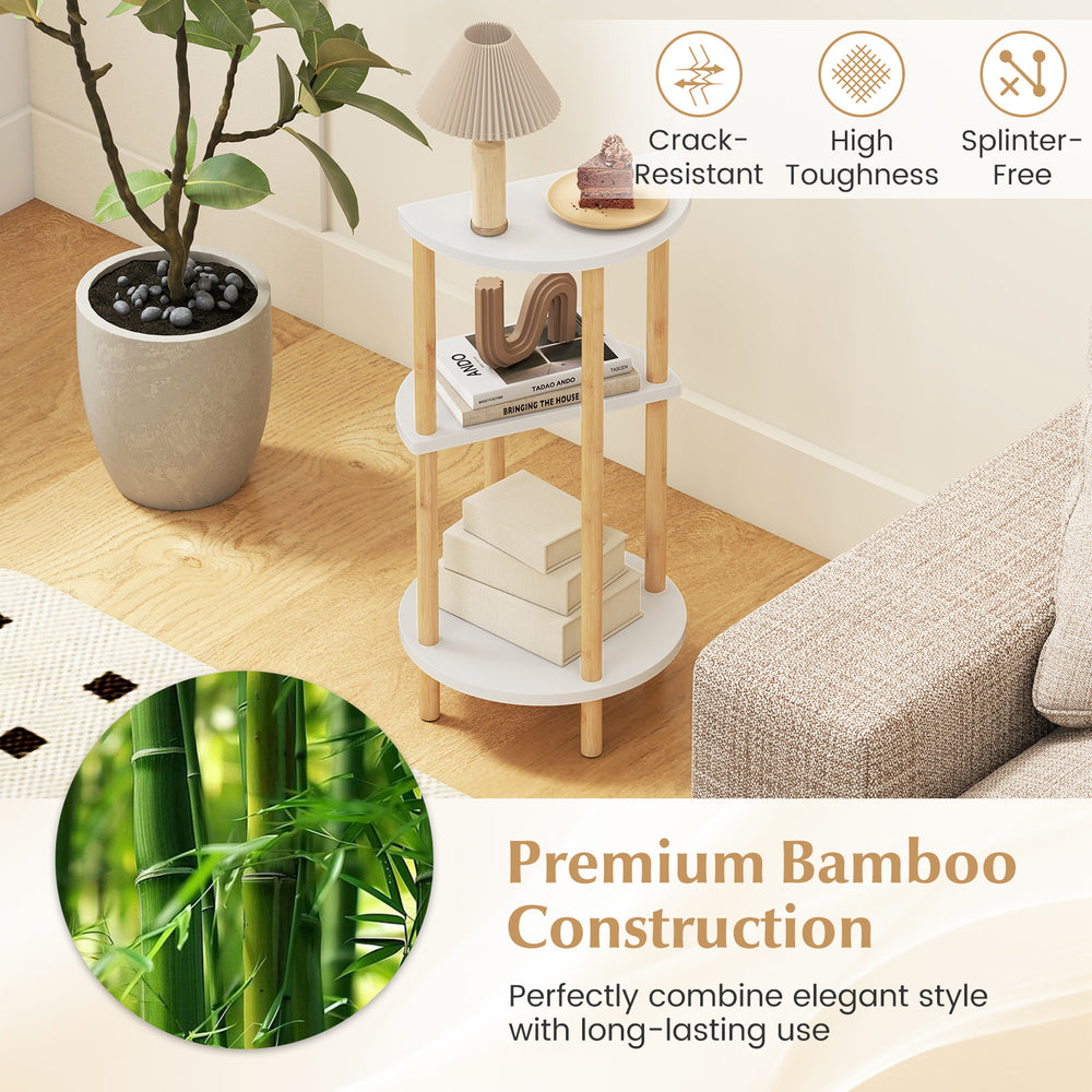 Compact round side table with 3-tier bamboo shelves, white finish, perfect for living room or bedroom storage.