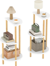 Compact set of 2 round side tables with 3-tier bamboo shelves, perfect for living room or bedroom storage.