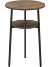 Round side table with a rustic brown finish, featuring a 2-tier storage shelf and a sturdy metal frame for versatile use.