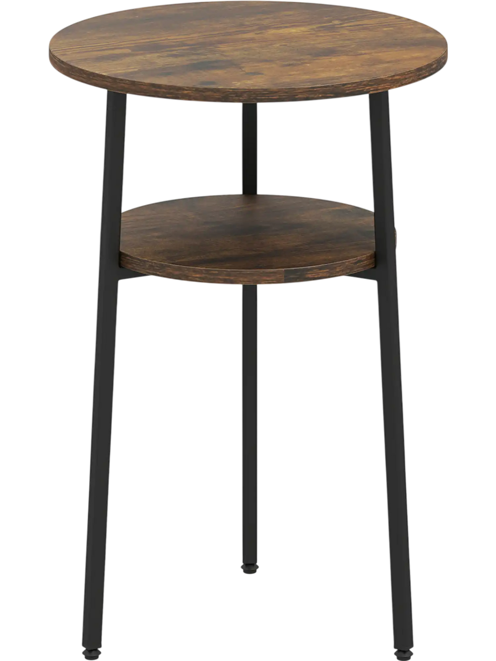 Round side table with a rustic brown finish, featuring a 2-tier storage shelf and a sturdy metal frame for versatile use.