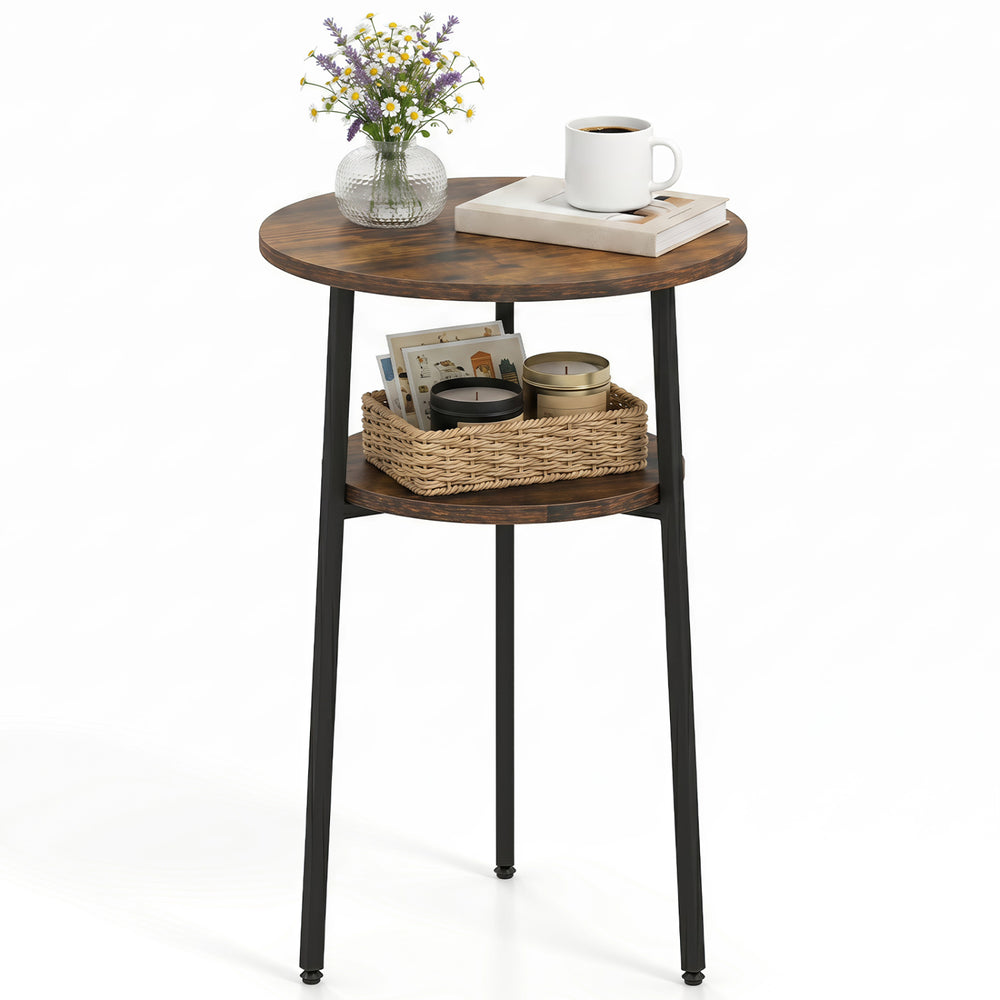 Round side table in rustic brown with a metal frame and 2-tier storage shelf, ideal for small living spaces.