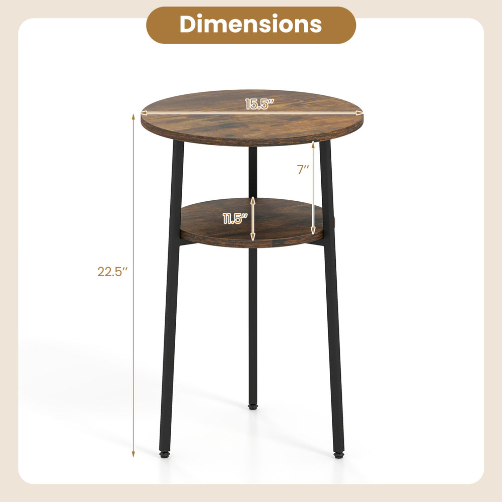 Round side table with a rustic brown finish, featuring a 2-tier storage design and a sturdy metal frame for versatile use.