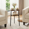 Round side table in rustic brown with a metal frame, featuring a 2-tier storage shelf for living room convenience.