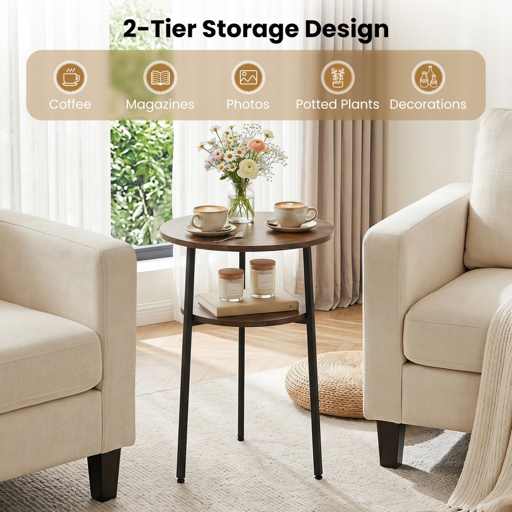 Round side table with a rustic brown finish, featuring a 2-tier storage design and a sturdy metal frame for living room use.