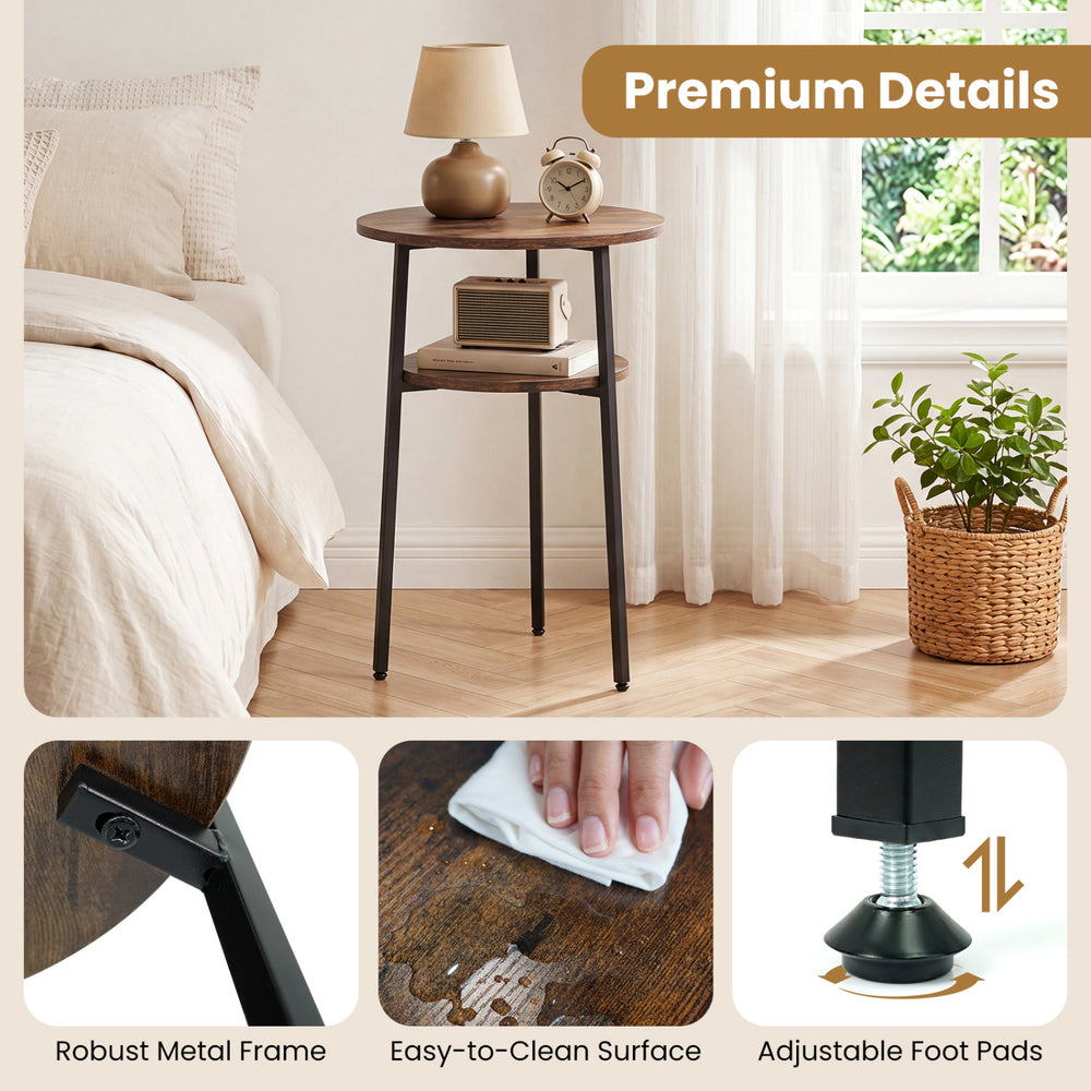 Round side table with a rustic brown finish, featuring a metal frame, storage shelf, and adjustable foot pads for stability.