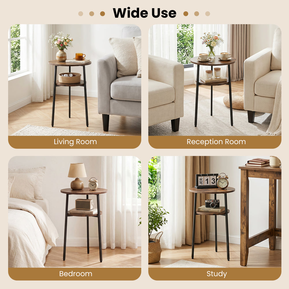 Round side table with rustic brown finish and metal frame, featuring a 2-tier storage design for versatile use in any room.
