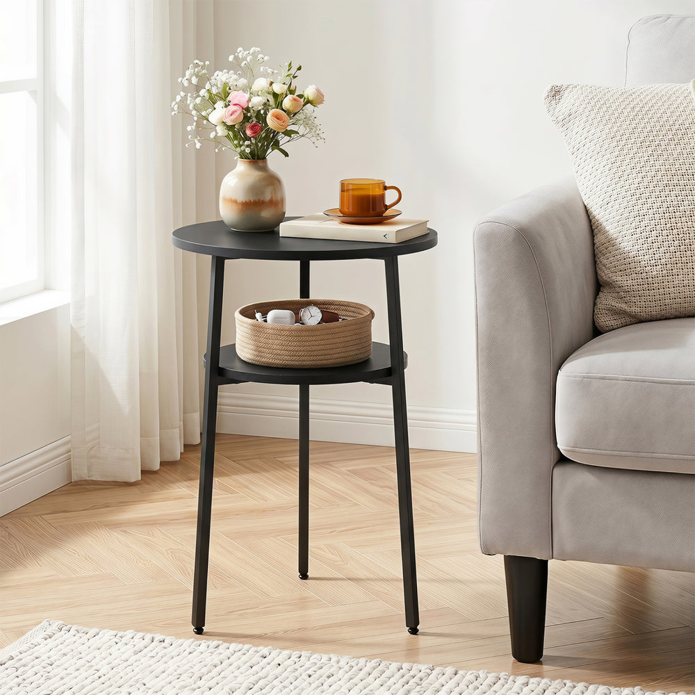 Set of 2 Round Side Table with Storage Shelf & Metal Frame for Living Room-Black - Gallery View 1 of 9
