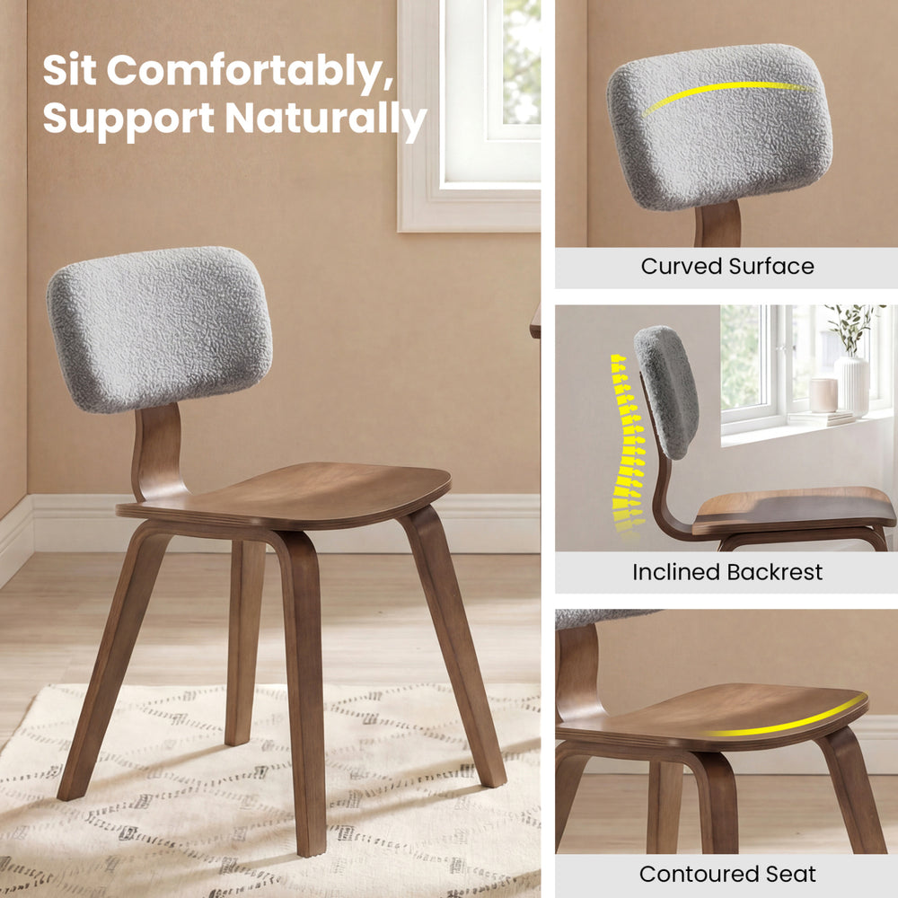 Rubber wood dining chair with teddy velvet padded backrest, featuring a contoured seat and curved surface for comfort.