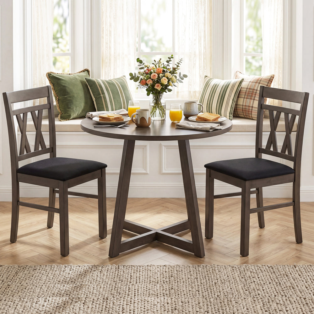 Set of 2 modern farmhouse dining chairs with linen upholstery and solid rubber wood frames, ideal for dining rooms.