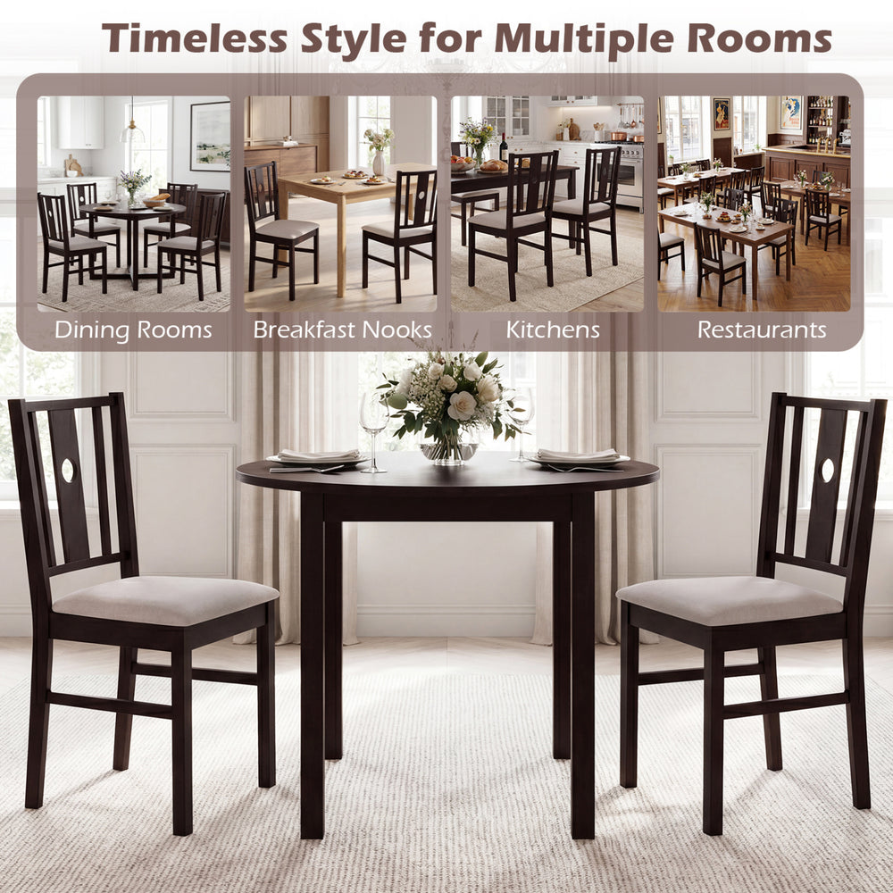 Set of 2 coffee rubber wood kitchen chairs with fabric padded seats, ideal for dining rooms and kitchens.