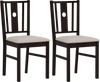 Set of 2 coffee rubber wood kitchen chairs with fabric padded seats and slatted back design for comfort and support.