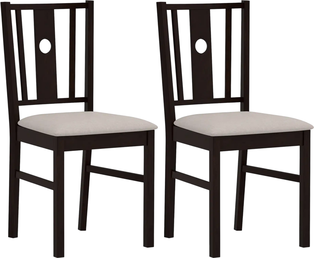 Set of 2 coffee rubber wood kitchen chairs with fabric padded seats and slatted back design for comfort and support.