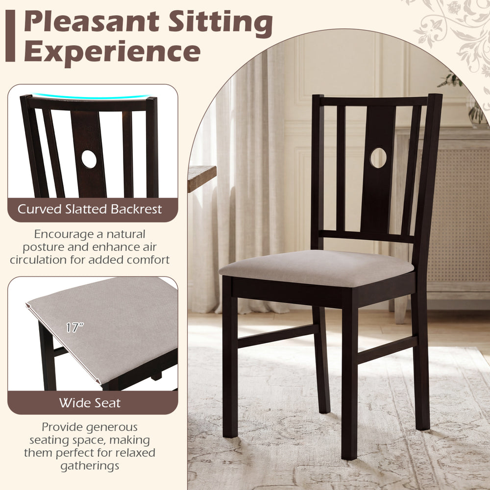 Rubber wood kitchen chair with slatted back, fabric padded seat, and wide design for comfortable dining experiences.