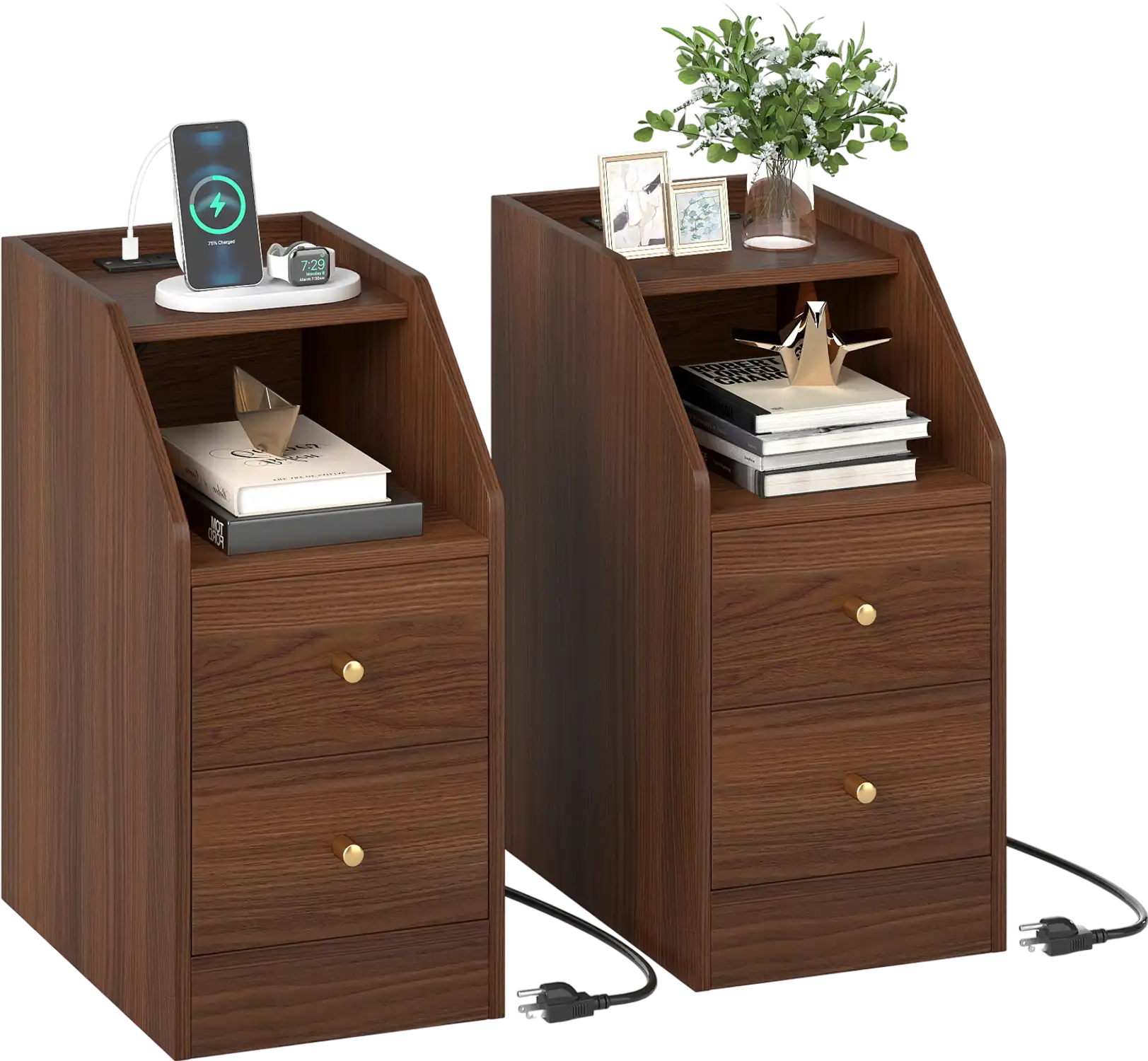 Costway Set of 2 Side End Tables with Charging Station Shelf Drawer 38062733 New