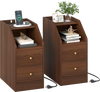 Set of 2 walnut side tables with charging station, drawers, and open shelf for organized living room or bedroom use.
