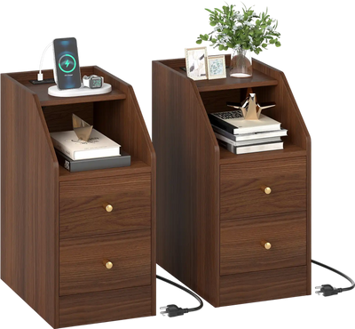 Costway Set of 2 Side End Tables with Charging Station Shelf Drawers 38062733 New