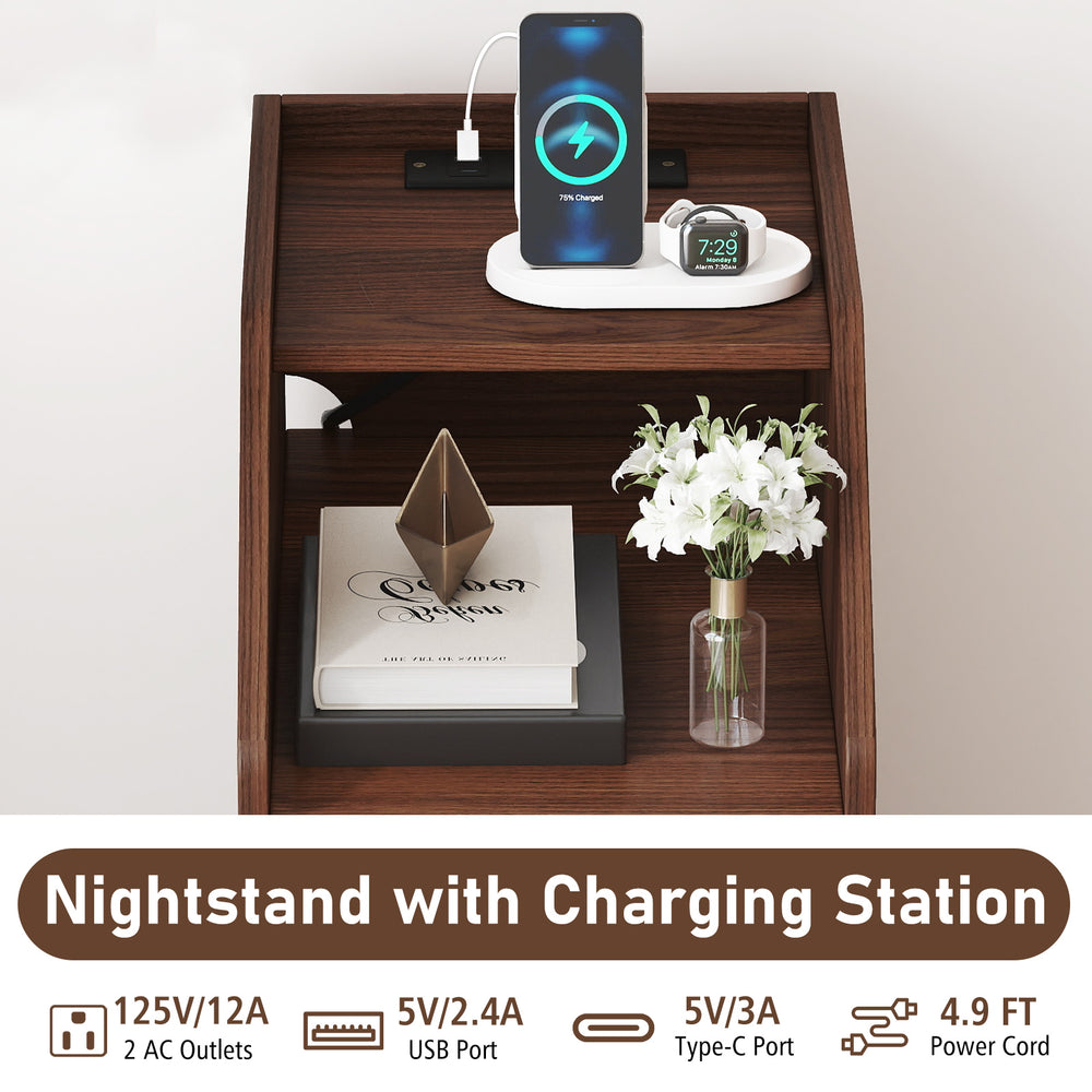 Nightstand with charging station in walnut finish, featuring open compartment and two drawers for organized storage.
