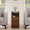 Walnut side end table with charging station, two drawers, and open shelf, perfect for sofa or nightstand use.