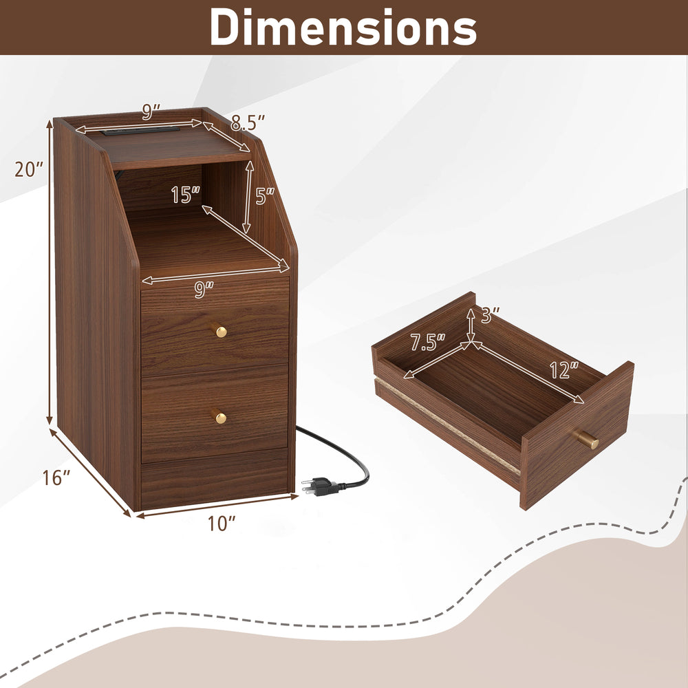 Dimensions of the walnut side end table with charging station, featuring drawers and open compartment for organization.
