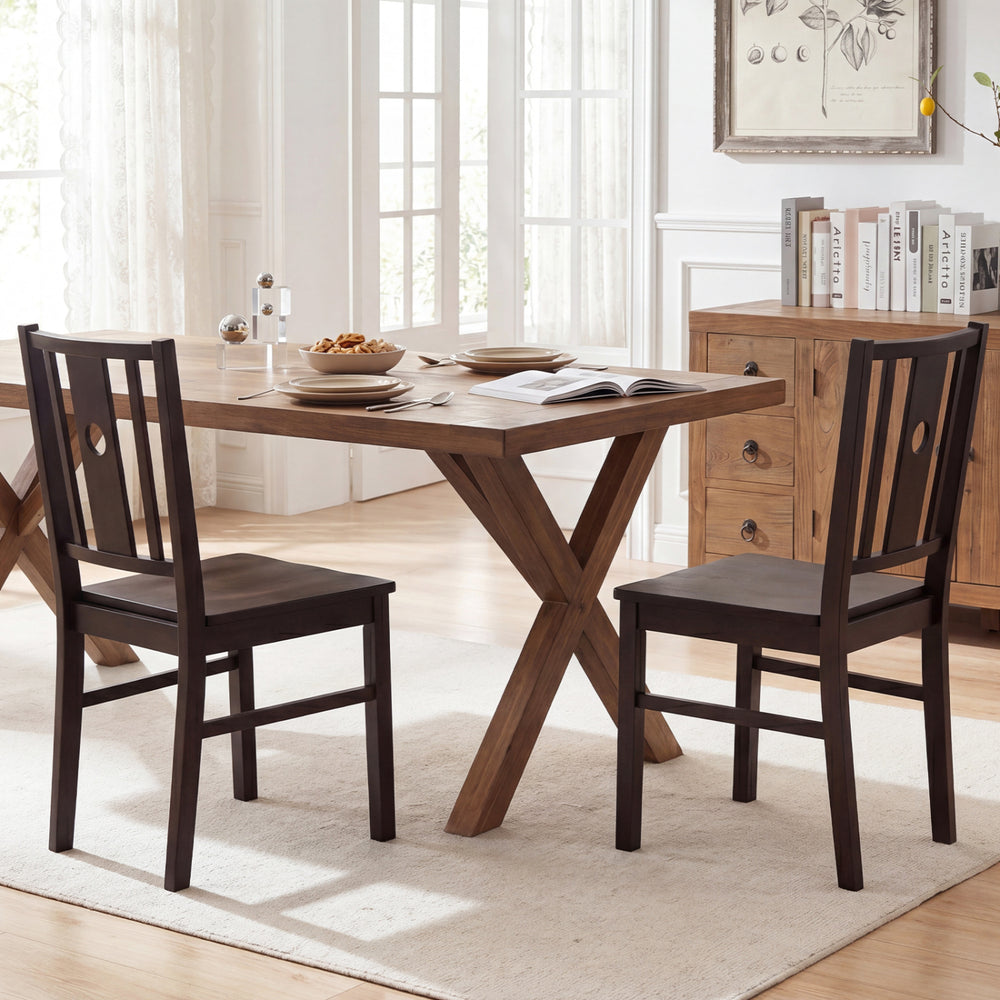 Set of 2 coffee kitchen chairs with slatted curved backrest, solid rubber wood for durability, ideal for dining spaces.