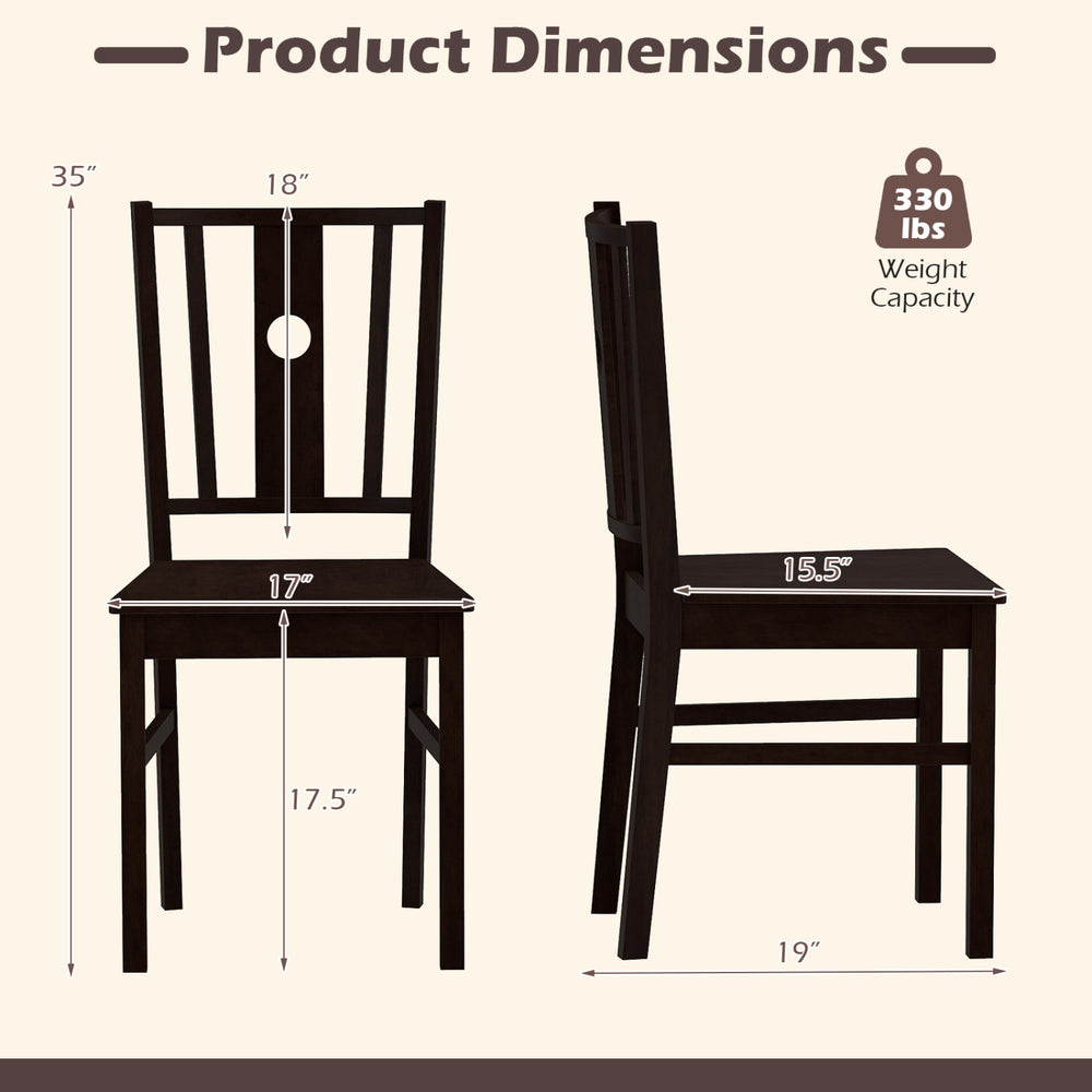 Dimensions of a solid rubber wood kitchen chair with slatted backrest, featuring a coffee finish and sturdy design.