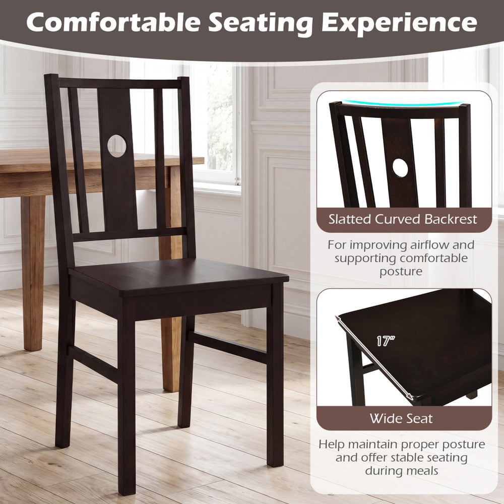 Solid rubber wood kitchen chair with slatted curved backrest and wide seat for comfortable dining in coffee finish.