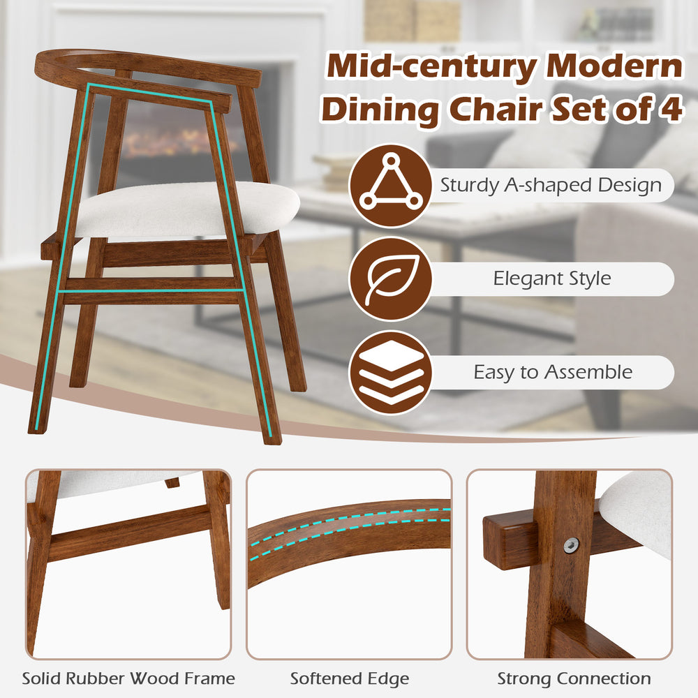 Mid-century modern dining chair with wrap-around armrest, solid rubber wood frame, and breathable fabric for comfort.