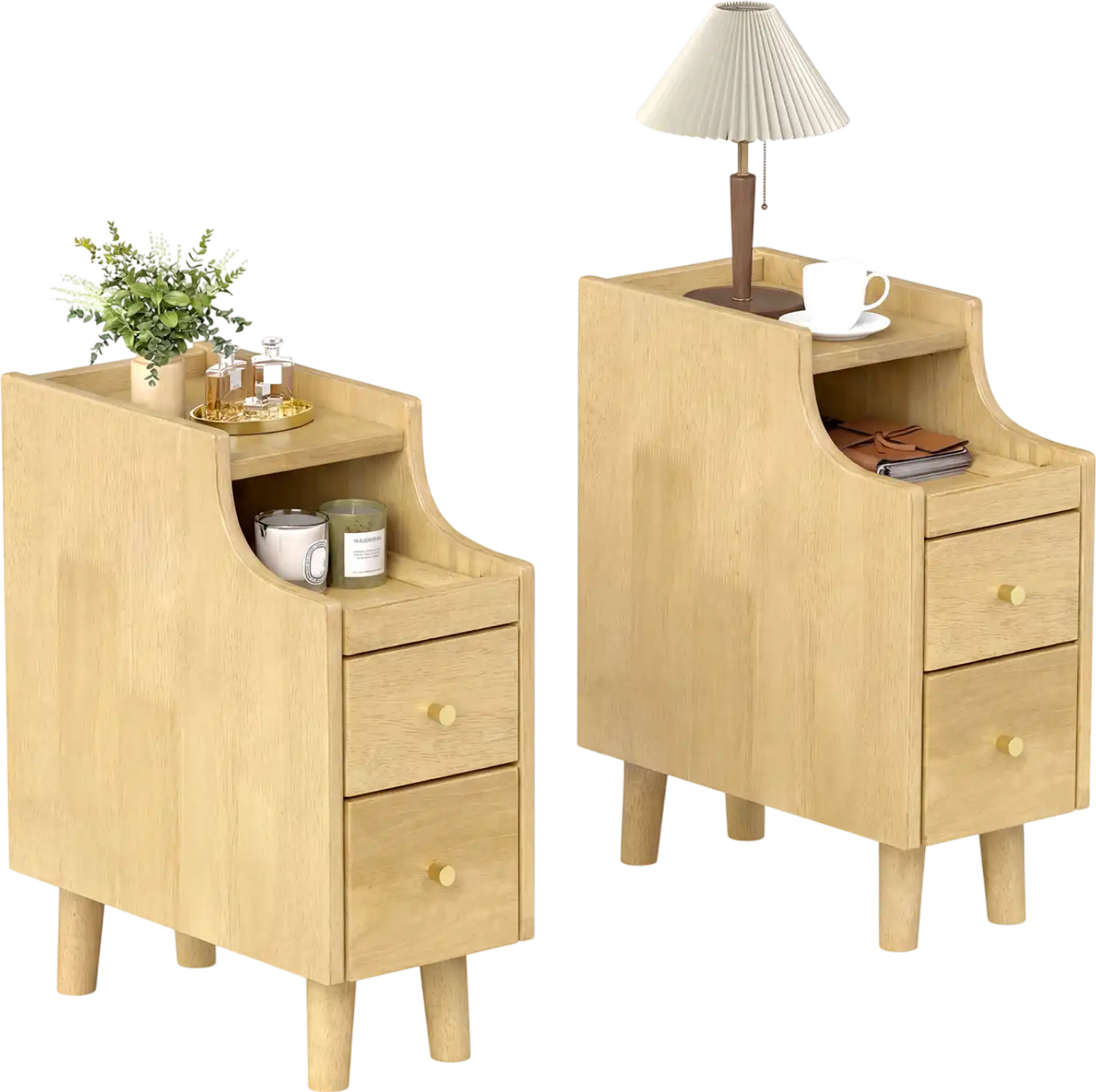 Costway Set of 2 Solid Wood Nightstands w/ Pull-Out Tray & 2 Drawers 13348228 New