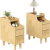 Set of 2 natural solid wood night side tables with pull-out tray and 2 storage drawers for bedroom organization.