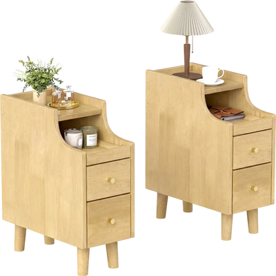Costway Set of 2 Solid Wood Night Side Tables w/ Pull-Out Tray 2 Drawers 13348228 New
