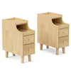 Set of 2 natural solid wood night side tables with pull-out tray and 2 storage drawers for stylish bedroom storage.