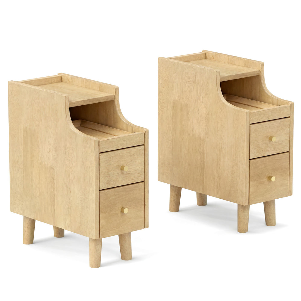 Set of 2 natural solid wood night side tables with pull-out tray and 2 storage drawers for stylish bedroom storage.