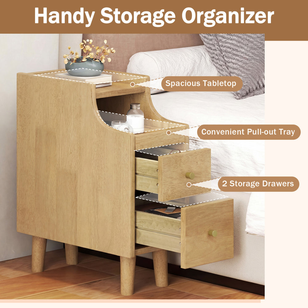 Solid wood night side table with pull-out tray, two storage drawers, and spacious tabletop in natural finish.