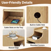 Solid wood night side table features a pull-out tray, cable hole, and rounded corners for convenient storage and.