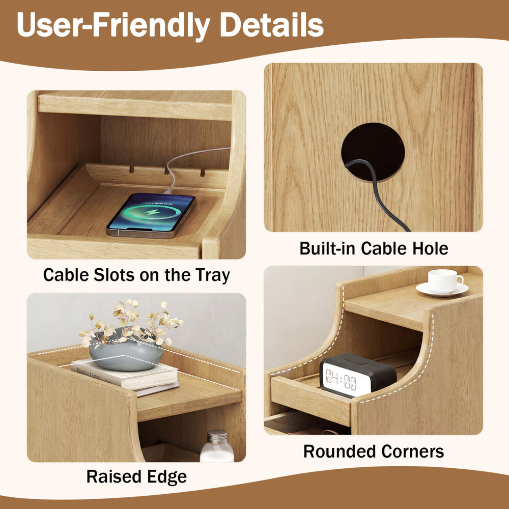 Solid wood night side table features a pull-out tray, cable hole, and rounded corners for convenient storage and.