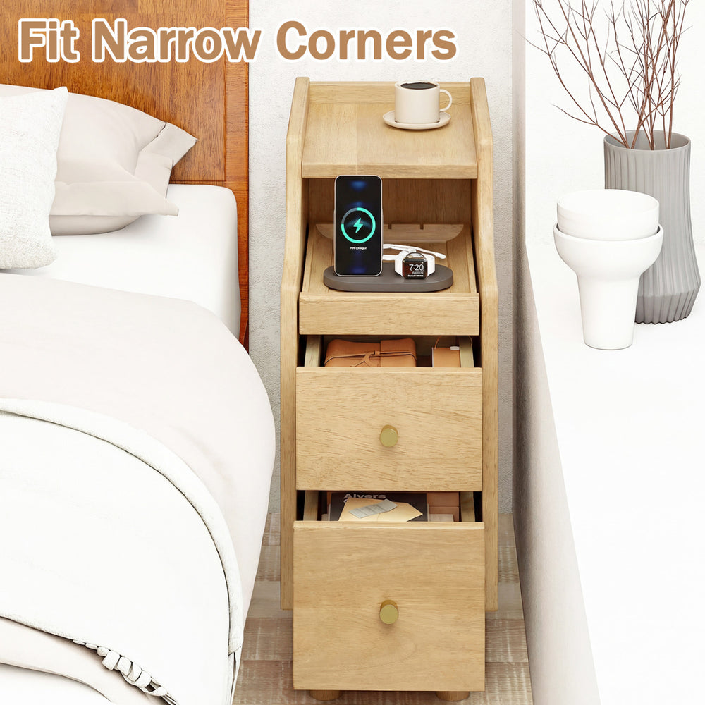 Solid wood night side table with pull-out tray and two storage drawers, designed for narrow corners in natural finish.