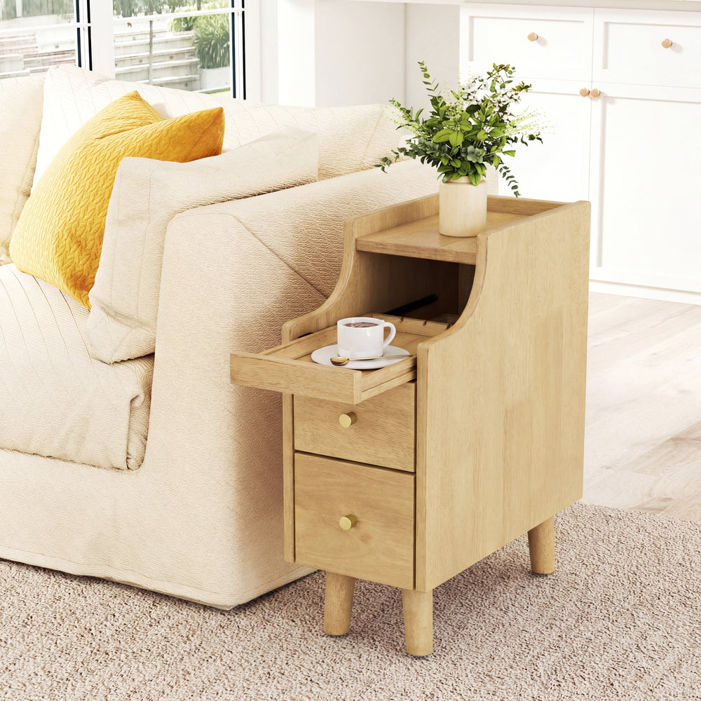 Solid wood night side table in natural finish with pull-out tray and two storage drawers, perfect for bedroom use.