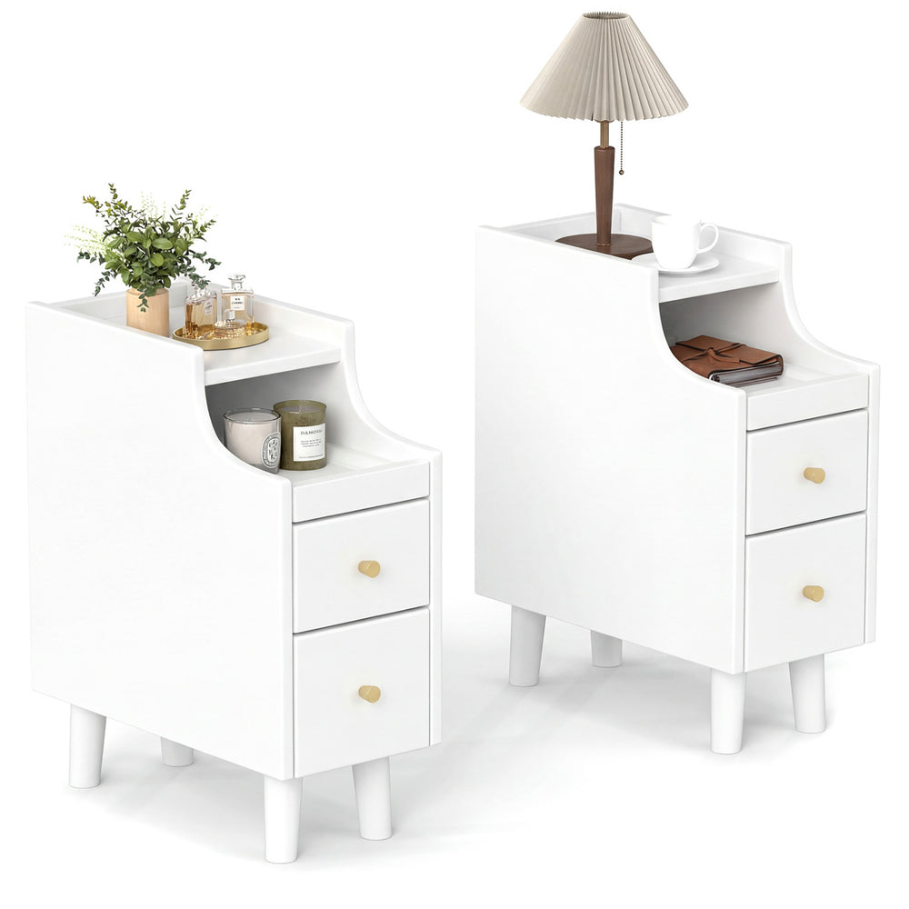 Set of 2 Solid Wood Night Side Table with Pull-out Tray and 2 Storage Drawers-White - Gallery View 1 of 10
