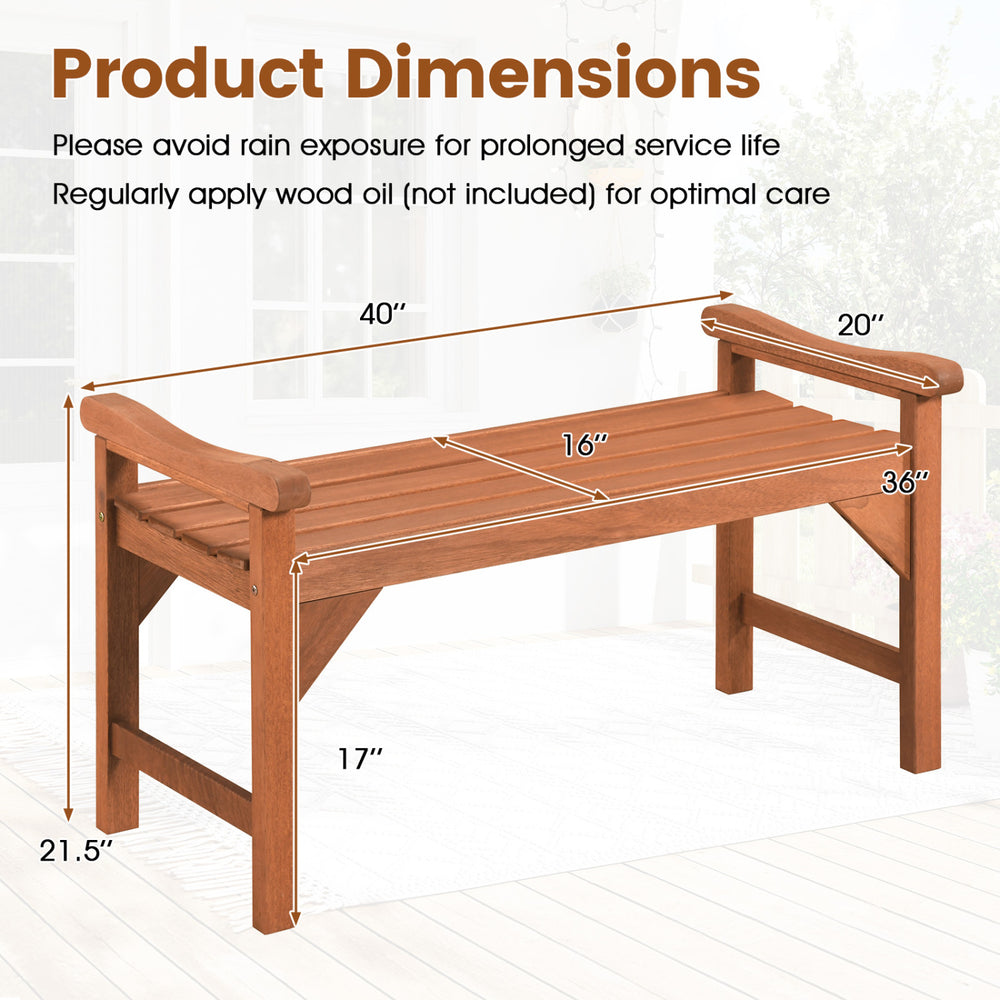 Dimensions of the solid wood backless garden bench, featuring ergonomic slatted seat and side assist handles for support.