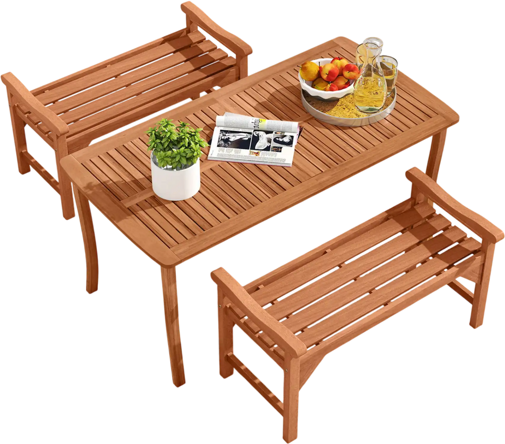 Backless garden bench set of 2 in solid wood, featuring ergonomic slatted seats for outdoor comfort and rustic charm.