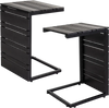 C-shaped set of 2 black side tables with slatted wood-plastic tops, perfect for indoor and outdoor use beside furniture.