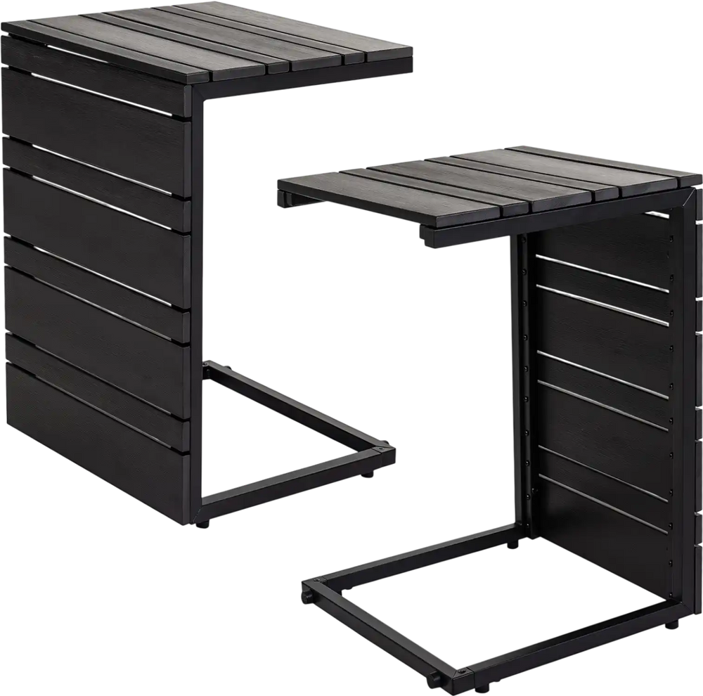 C-shaped set of 2 black side tables with slatted wood-plastic tops, perfect for indoor and outdoor use beside furniture.