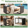 C-shaped black side table with slatted wood-plastic top, perfect for patio, poolside, or indoor living room use.