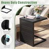 C-shaped black side table with a wood-plastic top and heavy-duty metal frame, perfect for indoor and outdoor use.