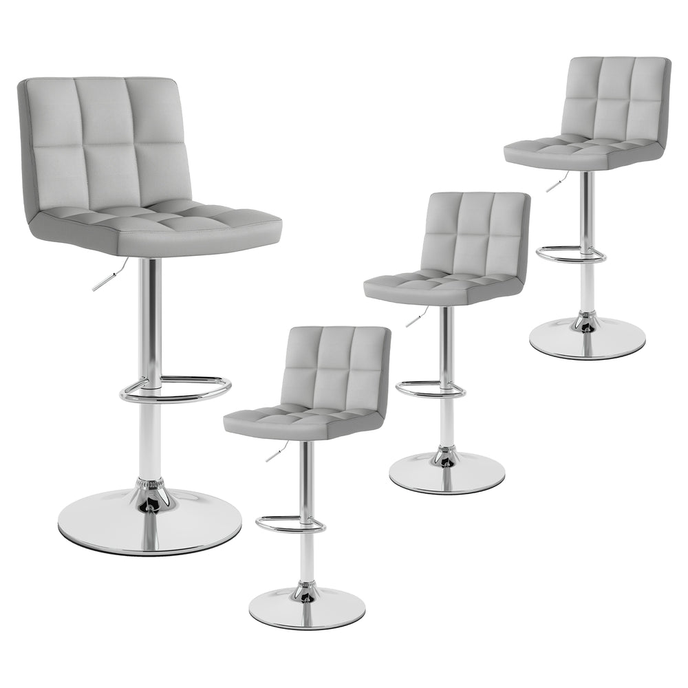 Set of 2 gray square swivel bar stools with backrest, adjustable height, and footrest for modern kitchen or bar use.