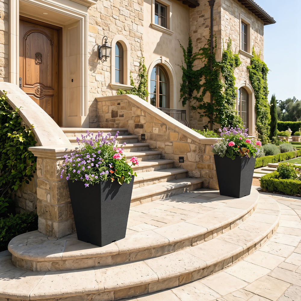 Set of 2 Square Taper Planter with Optional Drainage Hole and Removable Inner Bucket-Black - Gallery View 1 of 10